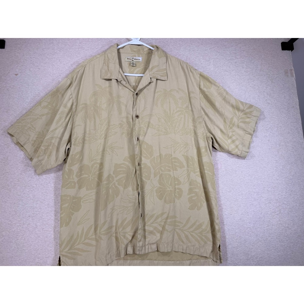 Tommy Bahama Silk Shirt Mens XL Tan Excellent Tropical Jacquard Camp Button Up